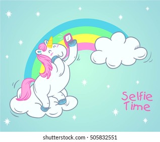 cute unicorn cartoon take selfie