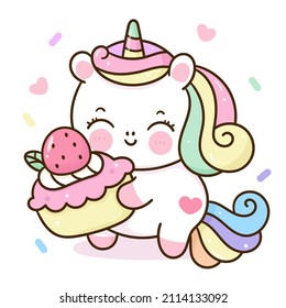 Cute unicorn cartoon Valentines day and sweet birthday cupcake yummy dessert: Series fairy girl child pony kawaii animal character (flat Girly doodles). Perfect Nursery children, kids, greeting card.