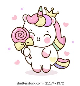 Cute unicorn cartoon Valentines day and sweet candy yummy dessert: Series fairy girl child pony kawaii animal character (flat Girly doodles). Perfect Nursery children, kids, greeting card,baby shower.