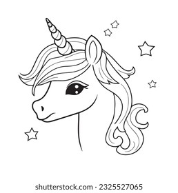 Cute unicorn cartoon vector coloring book illustration. Simple flat line art , design element isolated on white. Magical creatures, fantasy, dreams theme.