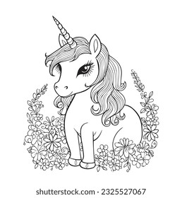 Cute unicorn cartoon vector coloring book illustration. Simple flat line art , design element isolated on white. Magical creatures, fantasy, dreams theme.