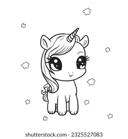 Cute unicorn cartoon vector coloring book illustration. Simple flat line art , design element isolated on white. Magical creatures, fantasy, dreams theme.