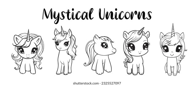 Cute unicorn cartoon vector coloring book illustration. Simple flat line art , design element isolated on white. Magical creatures, fantasy, dreams theme.