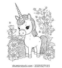 Cute unicorn cartoon vector coloring book illustration. Simple flat line art , design element isolated on white. Magical creatures, fantasy, dreams theme.