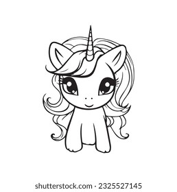 Cute unicorn cartoon vector coloring book illustration. Simple flat line art , design element isolated on white. Magical creatures, fantasy, dreams theme.