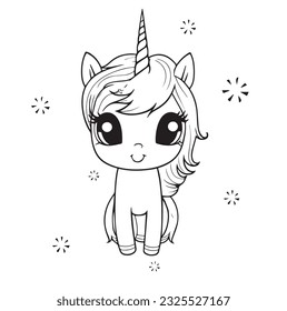 Cute unicorn cartoon vector coloring book illustration. Simple flat line art , design element isolated on white. Magical creatures, fantasy, dreams theme.