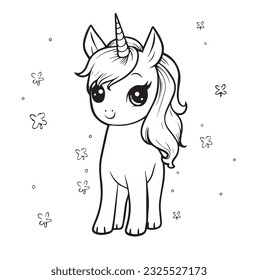 Cute unicorn cartoon vector coloring book illustration. Simple flat line art , design element isolated on white. Magical creatures, fantasy, dreams theme.