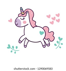Cute Unicorn cartoon of vector Happy Pony with pink heart (fairly tales love valentine pastel) dream- card and Print for t-shirt. Romantic hand drawing or instructional media illustration 