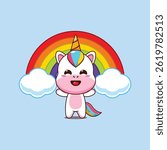 Cute unicorn cartoon vector illustration with rainbow