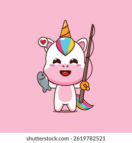 Cute unicorn cartoon vector illustration catching fish with fishing rod