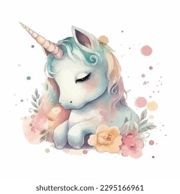 A cute unicorn, cartoon watercolor white background