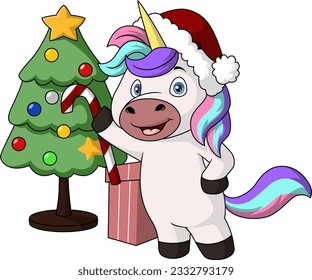 Cute unicorn cartoon wearing santa hat