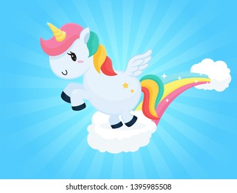 
Cute unicorn cartoons jumping on the clouds Sky background and white sunlight.