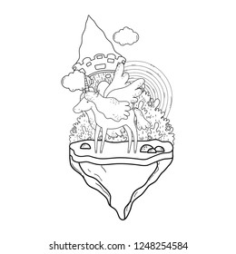 cute unicorn with castle and rainbow