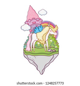 cute unicorn with castle and rainbow