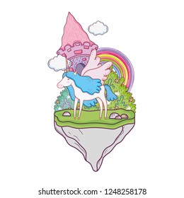 cute unicorn with castle and rainbow