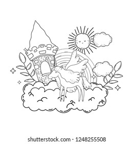 cute unicorn with castle and rainbow in cloud