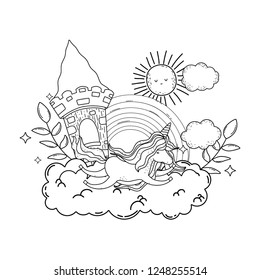 cute unicorn with castle and rainbow in cloud