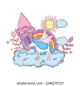 cute unicorn with castle and rainbow in cloud