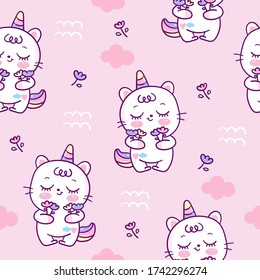 Cute unicorn cat cartoon seamless pattern Pony Child vector holding flower Happy summer holiday: Series Fairytale animals (Girly doodles). Perfect for Nursery kids, greeting card, baby shower girl.