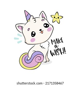 Cute unicorn cat cartoon vector illustration for posters, T-shirt print, postcard.Magical animal in hand drawn style