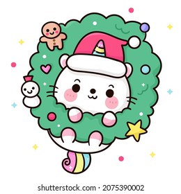 Cute Unicorn cat cartoon wear santa hat with Christmas wreath kawaii vector, X mas Happy new year greeting card 2022. Animal character girly doodle. Illustration: Isolated on white background.