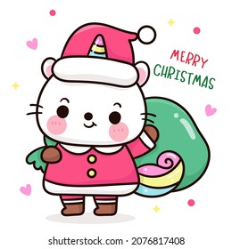 Cute Unicorn cat cartoon wear santa hat with Christmas bag gift kawaii vector, X mas Happy new year greeting card 2022. Animal character girly doodle. Illustration: Isolated on white background.