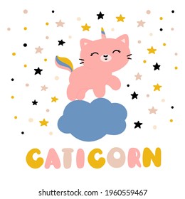 Cute unicorn cat. Catticorn with stars