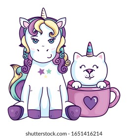 cute unicorn with cat unicorn in cup vector illustration design