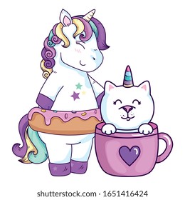 cute unicorn with cat unicorn in cup vector illustration design