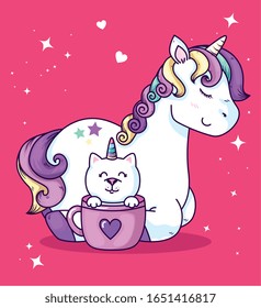 cute unicorn with cat unicorn in cup vector illustration design