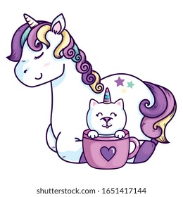 cute unicorn with cat unicorn in cup vector illustration design