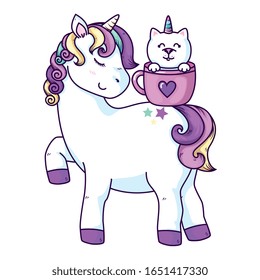 unicornio lindo con unicornio gato en diseño de ilustración vectorial en taza