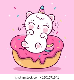 Cute Unicorn Cat Donut Vector Pony Child Cartoon Magic (Fairytale Animal): Series Kawaii Food Cupcake Sweet Dessert Nursery Wall Babies, Horse Character, Girly Doodles, Hand Drawn. Perfect For Kid.