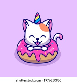 Cute Unicorn Cat With Doughnut Cartoon Vector Icon Illustration. Animal Food Icon Concept Isolated Premium Vector. Flat Cartoon Style