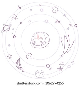 Cute unicorn cat flying in space surrounded by planets, stars, asteroids. Simple sweet kids nursery illustration. Graphic design for apparel.