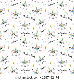 Cute Unicorn Cat Head with Floral Wreath and Lettering Seamless Pattern for Kids. Magic Caticorn, Kittycorn Nursery Wallpaper. Magical Kitten Face with Unicorn Horn and Flower Crown Vector Background