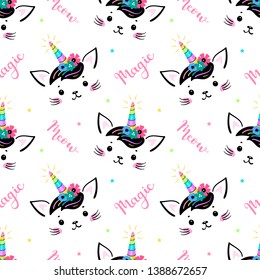 Cute Unicorn Cat Head with Floral Wreath and Lettering Seamless Pattern for Kids. Magic Caticorn, Kittycorn Nursery Wallpaper. Magical Kitten Face with Flower Unicorn Horn and Funny Hair Bangs