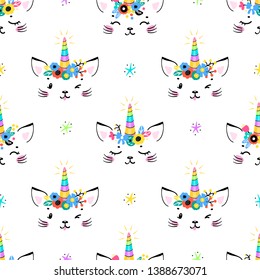 Cute Unicorn Cat Head with Floral Wreath and Stars Seamless Pattern for Kids. Magic Caticorn, Kittycorn Nursery Wallpaper. Magical Kitten Face with Unicorn Horn and Flower Crown Vector Background