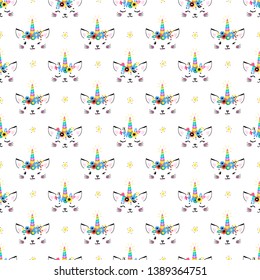 Cute Unicorn Cat Head with Floral Wreath and Stars Seamless Pattern for Kids. Magic Caticorn, Kittycorn Nursery Wallpaper. Magical Kitten Face with Unicorn Horn and Flower Crown Vector Background