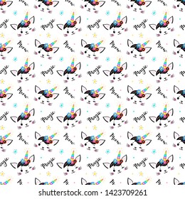 Cute Unicorn Cat Head with Floral Wreath and Lettering Seamless Pattern for Kids. Magic Caticorn, Kittycorn Nursery Wallpaper. Magical Kitten Face with Flower Unicorn Horn and Funny Hair Bangs