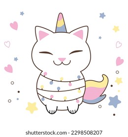 Cute Unicorn cat with heart and star. Happy Kitten Meow, Kawaii cat unicorn animal. Perfect for baby shower girl, Birthday party decoration pattern, nursery wall.