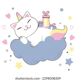 Cute Unicorn cat with heart and star. Happy Kitten Meow, Kawaii cat unicorn animal. Perfect for baby shower girl, Birthday party decoration pattern, nursery wall.