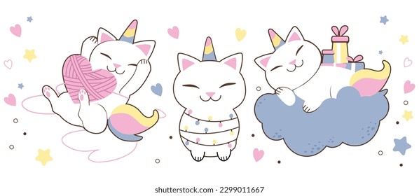 Cute Unicorn cat with heart and star. Happy Kitten Meow, Kawaii cat unicorn animal. Perfect for baby shower girl, Birthday party decoration pattern, nursery wall.