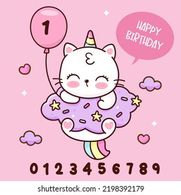 Cute Unicorn cat holding Birthday balloon and number. Series Happy Kitten Meow, Kawaii animal (Girly doodles). Perfect make a wish for baby shower girl, fairy tale book, pattern, nursery wall.