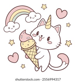 A cute unicorn cat holds an ice cream cone surrounded by stars and rainbows.