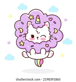 Cute Unicorn cat jump in sweet Cotton candy. Series Happy Kitten Meow, Kawaii animal (Girly doodles). Perfect make a wish for baby shower girl, fairy tale book, Birthday party decoration pattern.