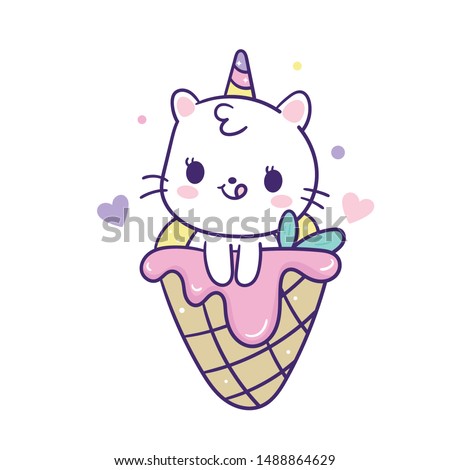 Cute Unicorn cat mermaid vector with sweet ice cream cone cartoon (Kawaii animal): Pastel color kid food dessert bakery product fabulous fashion child decoration cafe shop, Invitation post, t-shirt