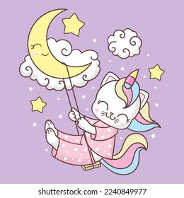 Cute gato unicornio en un columpio en el cielo. Tema mágico. Para el diseño infantil de impresiones, carteles, tarjetas, pegatinas, tazas, etc.Ilustración vectorial