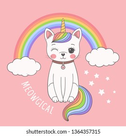 Cute unicorn cat with rainbow, clouds. Meowgical slogan. Cartoon vector illustration